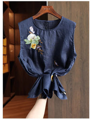 Casual Embroidered Linen And Cotton Sleeveless Top