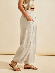 Women's Casual High-waisted Shirring Wide-leg Cotton Trousers