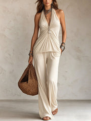 Women's Bohemian Two-Piece Set: Halter Top and Comfortable Pants