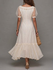 Elegant Linen And Cotton Dress With Mesh-paneled Sleeves And Half-zip Closure