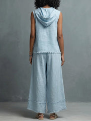 Casual Linen And Cotton Two-piece Set: Sleeveless Hooded Top And Pants