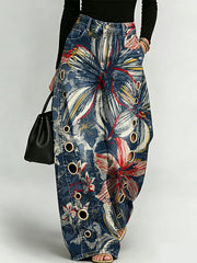 Elegant Floral Decorative Patterns Women's Cotton Denim Pants