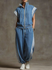Women's Stand-collar Short-sleeved Casual Loose Denim Top And High-waisted Wide-leg Jeans Set.