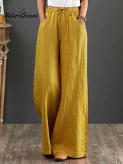 Women Solid Color Elastic Waist Pockets Casual Linen Wide Leg Pants