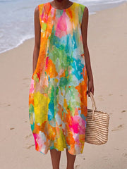 Romantic Watercolor Floral Print Cotton-linen Dress