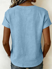 Casual Short-sleeve Top With Lace-trimmed Collar (linen & Cotton)