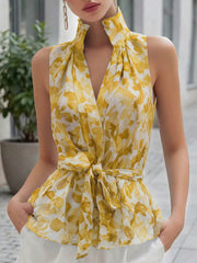 Women's Abstract Print V-neck Sleeveless Loose-fit Chiffon Top