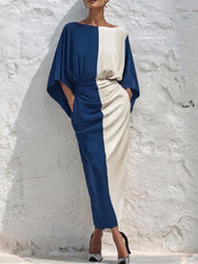 Women's Color-block Print Dress — Crew Neck 3/4 Sleeves Casual Loose Fit Waist-cinching Style