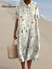 Women's Vintage Lovely Floral Art Print Casual Pocket Linen Dress(Convertible Dress With Front And Back Option)
