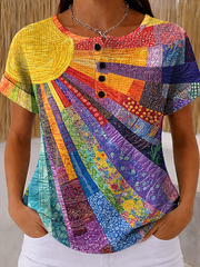 Boho Geometric Sun Print Henley Shirt