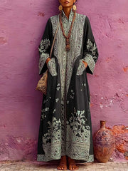 Women's Casual Loose Cotton-linen Dress With Placement Print Stand Collar And Long Sleeves