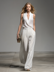 Stylish And Casual V-neck Sleeveless Top And Polka Dot Printed Trousers Chiffon Set