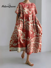 Japanese Art Plum Blossom Printed Crew Neck Casual Midi Dress