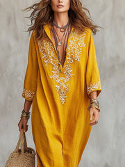 Women's Retro Floral Pattern Art Stylish Cotton Linen Maxi Dress