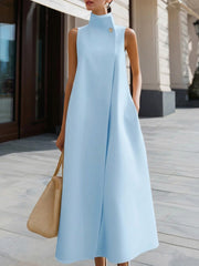 Women's Solid Color Stand Collar Sleeveless Casual Loose Cotton Linen Dress