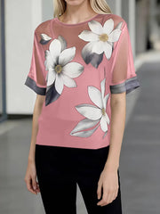 Women's Abstract Print Round-neck Short-sleeve Casual Loose Sheer Chiffon Top