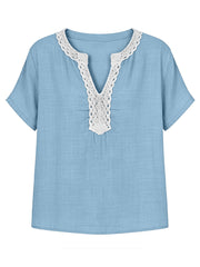 Casual Short-sleeve Top With Lace-trimmed Collar (linen & Cotton)