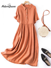 Women's Spring and Summer Short Sleeve Shirt Collar Retro Dress