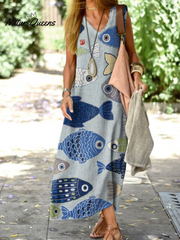 Vintage Japanese Fish Print Resort Sleeveless Dress