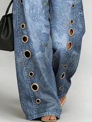 Women's Retro Flowers Print Casual Fashion Cutout Jeans