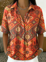 Retro Ethnic-style Diamond-print Short-sleeve Collared Shirt