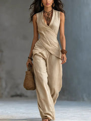 Women's Cross-design Top And Wide-leg Pants Cotton-linen Set