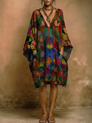 Women's Vintage Pattern Print Short-sleeve Cotton-linen Dress