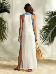 Casual Color-block Striped Sleeveless Linen-cotton Dress With Side Slits
