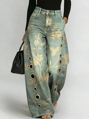 Women's Vintage Flower Print Casual Fashion Cutout Jeans