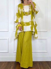 Loose-fit Casual Artistic Brushstroke Plaid Print Linen & Cotton Top And Pants Two-piece Set