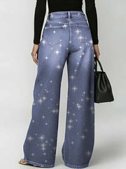 Women's Shinny Art Print Casual Stylish Hollow Denim Pants