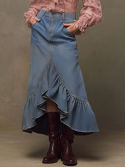 Western Retro Blue Denim Ruffle Skirt
