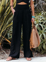 Women's Cotton and Linen Elasticated Waist-waisted Wide-leg Pants