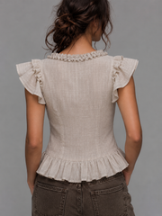 Light Beige Textured Cotton-linen V-neck Ruffle Lace-up Waist Flutter Sleeve Top