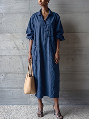 Navy Blue Textured Cotton-linen Frog Button Placket Collar Loose Shirt Midi Dress