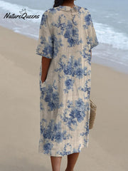 Women's Vintage Floral Art Print Pocket Linen Dress(Convertible Dress With Front And Back Option)