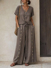Women's Solid-color Cotton-linen Set: V-neck Short-sleeve Loose-fit Top & High-waisted Wide-leg Pants