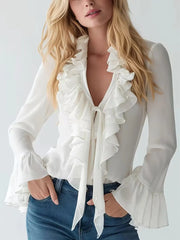 Women's Solid Color V-neck Puff Sleeve Ruffle Shirt