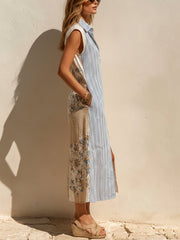 Mixed Print Patchwork Sleeveless Linen-blend Shirt Maxi Dress