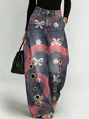 Heart And Bowknot Decorative Pattern Women's Cotton Denim Pants
