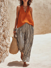 Women's Art Stylish Casual Top And Striped Pants Cotton Linen Two-piece Set