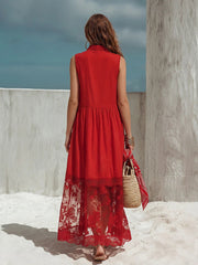 Red Textured Cotton-linen Button-front Lace Spliced Sleeveless Shirt Maxi Dress