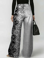 Women's Retro Floral Art Print Casual Stylish Hollow Denim Pants