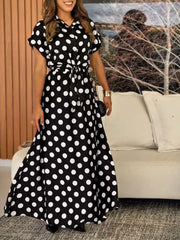 Women's Polka Dot Print Set: Short-sleeve Collared Loose-fit Top & High-waisted A-line Skirt