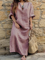 Ladies cotton and linen yarn-dyed striped loose dress