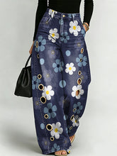 Colorful, Minimalist Floral Decorative Pattern Women's Denim Pants