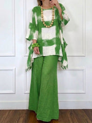Loose-fit Casual Artistic Brushstroke Plaid Print Linen & Cotton Top And Pants Two-piece Set