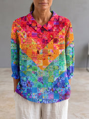 Artistic Geometric Color-block Cotton-linen Shirt