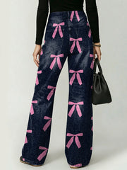 Pink Bow Decoration Pattern Women's Denim Pants