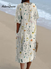 Women's Vintage Lovely Floral Art Print Casual Pocket Linen Dress(Convertible Dress With Front And Back Option)